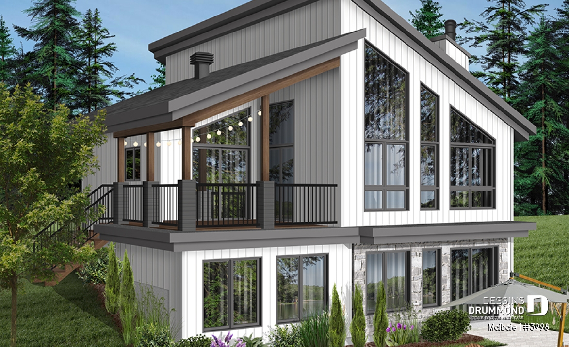 Vue arrière - MODÈLE DE BASE - Modèle genre chalet de ski, terrasse abritée, 3 chambres, 2 s. bain, aire ouverte, rangement pour ski - Malbaie