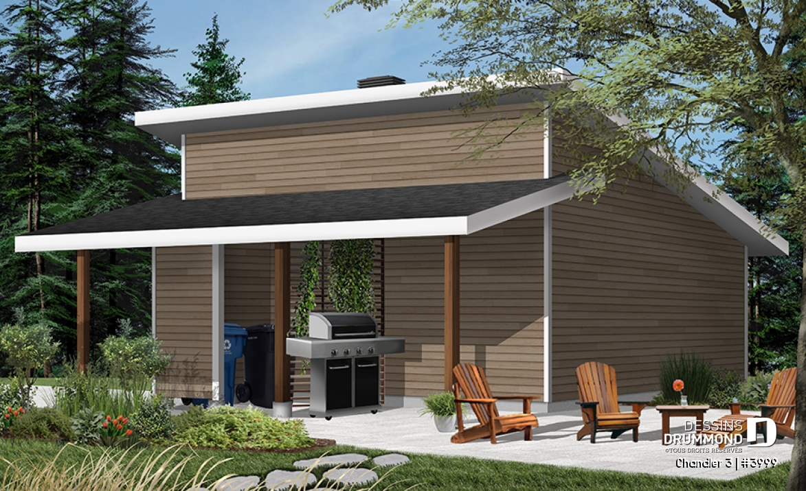 Version couleur no. 4 - Vue arrière - Plan de garage double, de style moderne, avec secteur abritée pour BBQ et rangement - Chandler 3
