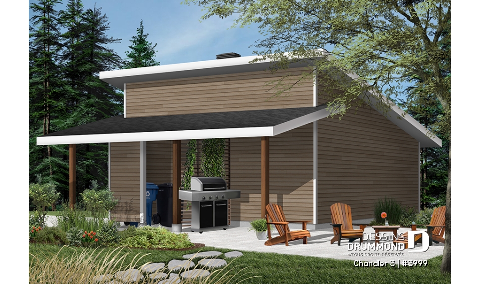 Version couleur no. 4 - Vue arrière - Plan de garage double, de style moderne, avec secteur abritée pour BBQ et rangement - Chandler 3