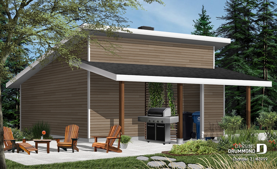 Version couleur no. 4 - Vue arrière - Plan de garage double, de style moderne, avec secteur abritée pour BBQ et rangement - Chandler 3