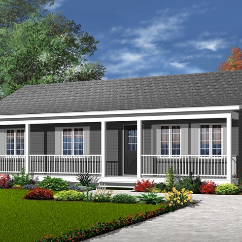 Version couleur no. 1 - Vue avant - Plan de bungalow abordable, 3 chambres au rez-de-chaussée, grande salle de séjour, coin buanderie au rdc. - Gilbert
