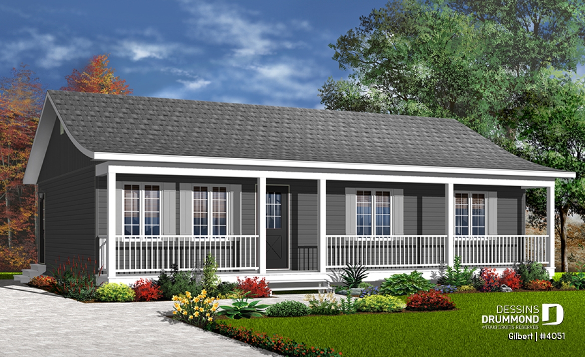Version couleur no. 1 - Vue avant - Plan de bungalow abordable, 3 chambres au rez-de-chaussée, grande salle de séjour, coin buanderie au rdc. - Gilbert