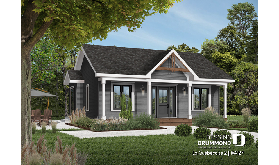 Version couleur no. 3 - Vue avant - Modèle de Plain-pied de 2 chambres, abordable, entrée abritée, belle cuisine, sous-sol à aménager - La Québécoise 2