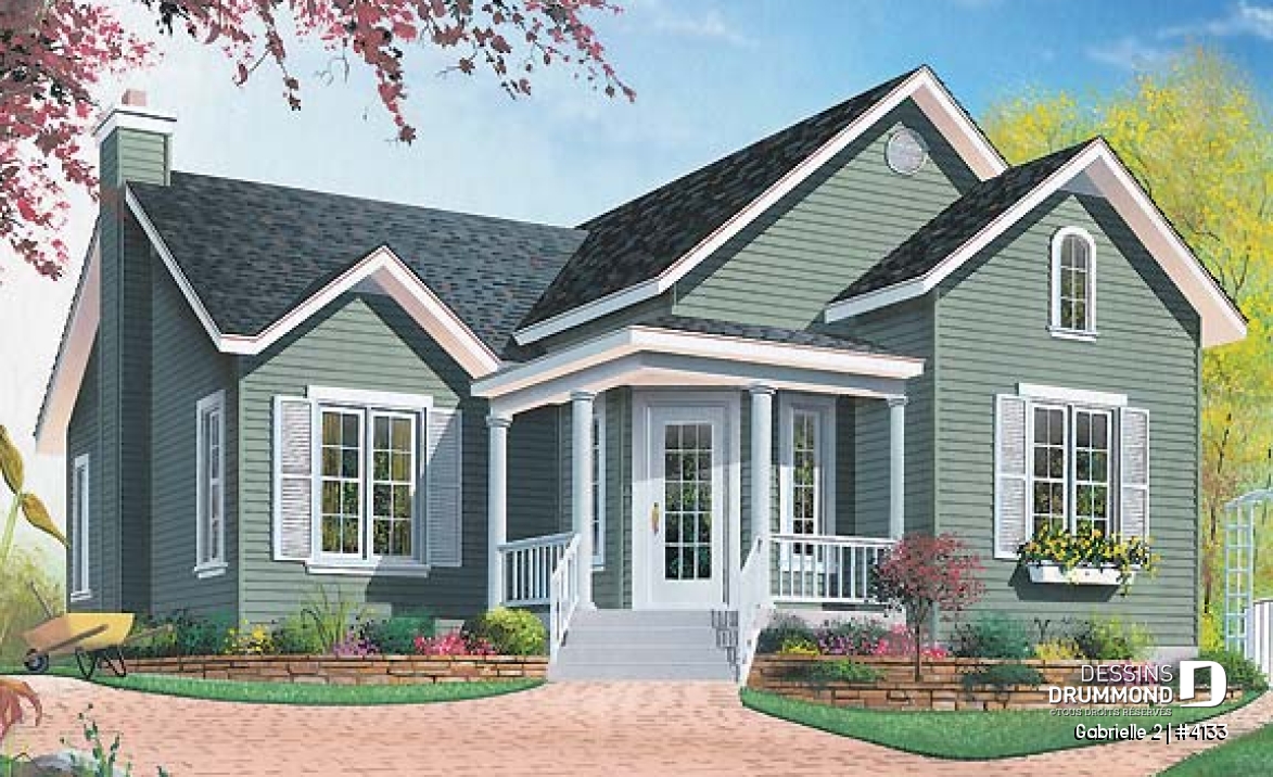 Vue avant - MODÈLE DE BASE - Plan de bungalow champêtre, très abordable, 2 chambres, entrée confortable - Gabrielle 2