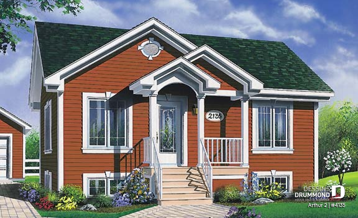 Vue avant - MODÈLE DE BASE - Plan de bungalow très économique, 2 grandes chambres, cuisine fonctionnelle, sous-sol sorti de terre - Arthur 2
