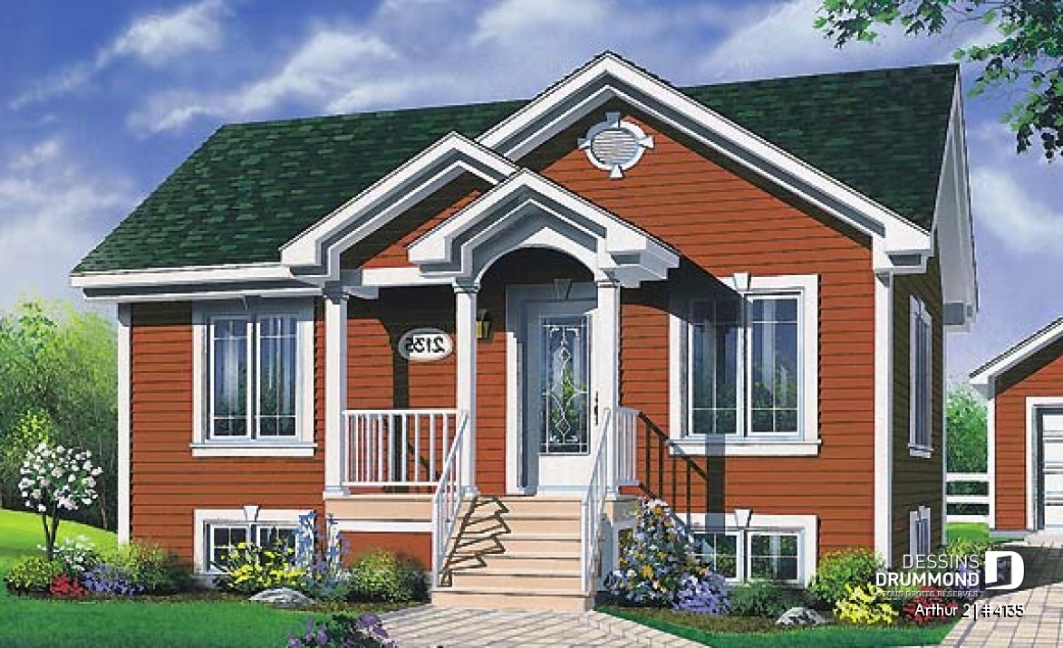 Vue avant - MODÈLE DE BASE - Plan de bungalow très économique, 2 grandes chambres, cuisine fonctionnelle, sous-sol sorti de terre - Arthur 2