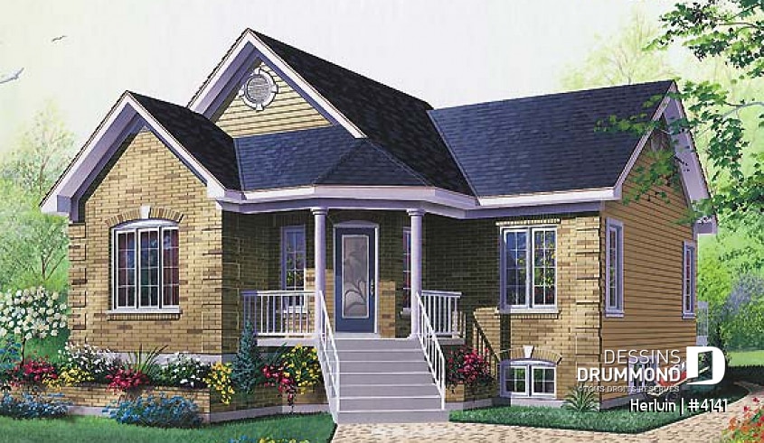 Vue avant - MODÈLE DE BASE - Plan de bungalow 2 chambres, vestibule fermé et belle galerie avant, salon fermé - Herluin