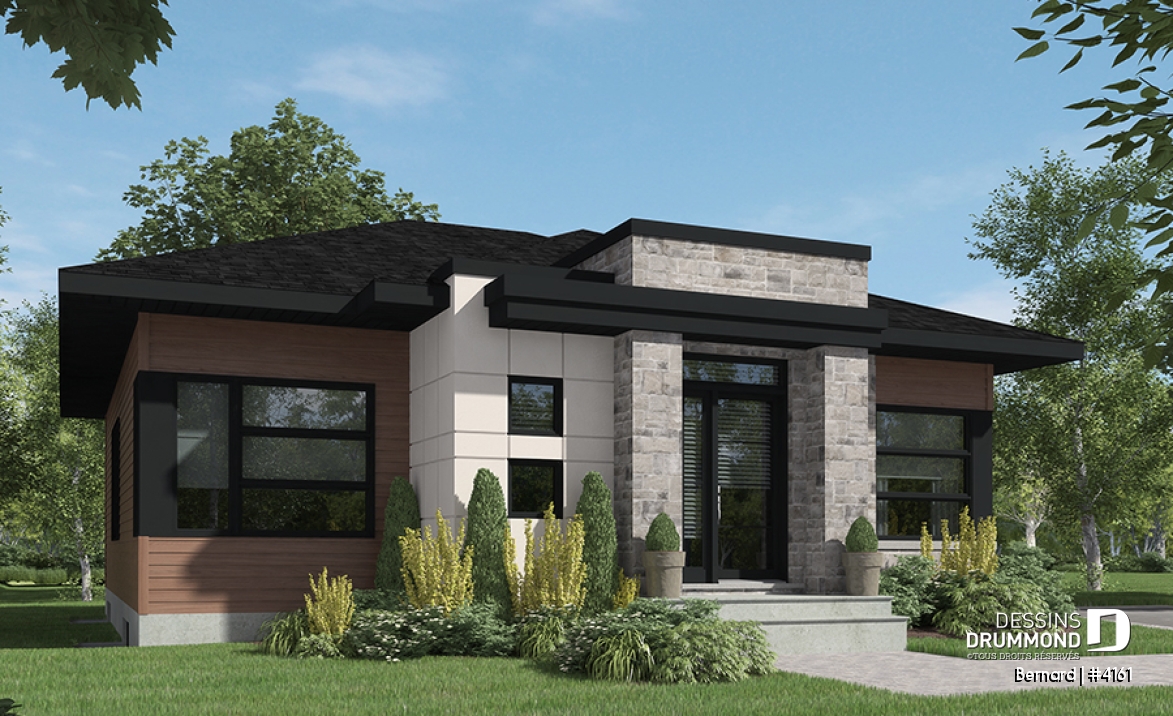 Vue avant - MODÈLE DE BASE - Modèle de maison plain-pied avec foyer central, grande îlot à la cuisine et 2 chambres. - Bernard