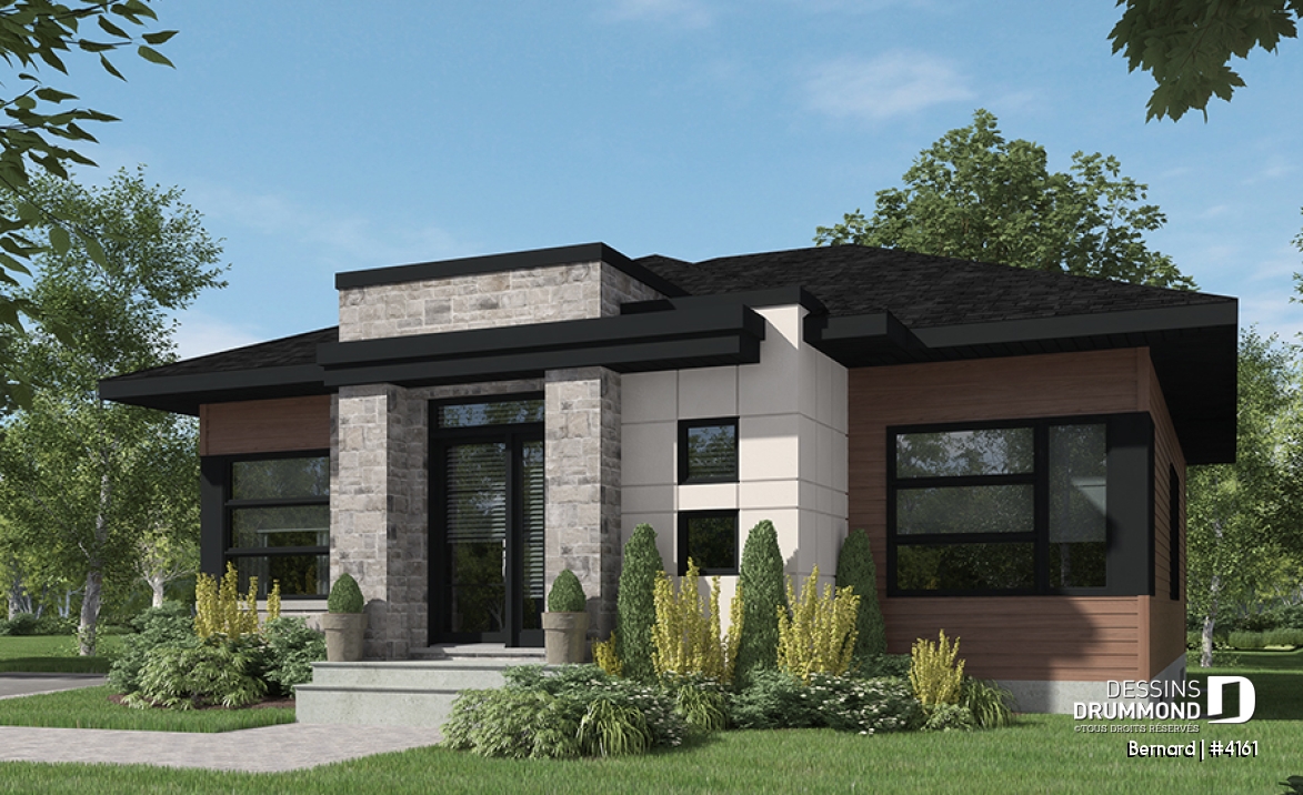 Vue avant - MODÈLE DE BASE - Modèle de maison plain-pied avec foyer central, grande îlot à la cuisine et 2 chambres. - Bernard