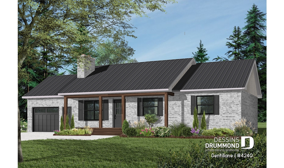 Vue avant - MODÈLE DE BASE - Bungalow américain, abordable, 3 chambres, garage, îlot-lunch, foyer, plancher à aire ouverte - Gentillane