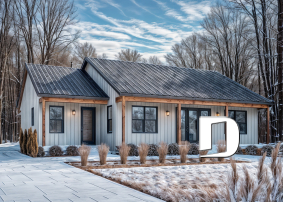 Version couleur no. 8 - Vue avant - Plan de plain-pied style Farmhouse avec terrasse arrière couverte et foyer central - Beauford 2