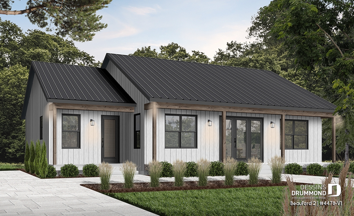 Vue avant - MODÈLE DE BASE - Plan de plain-pied style Farmhouse avec terrasse arrière couverte et foyer central - Beauford 2