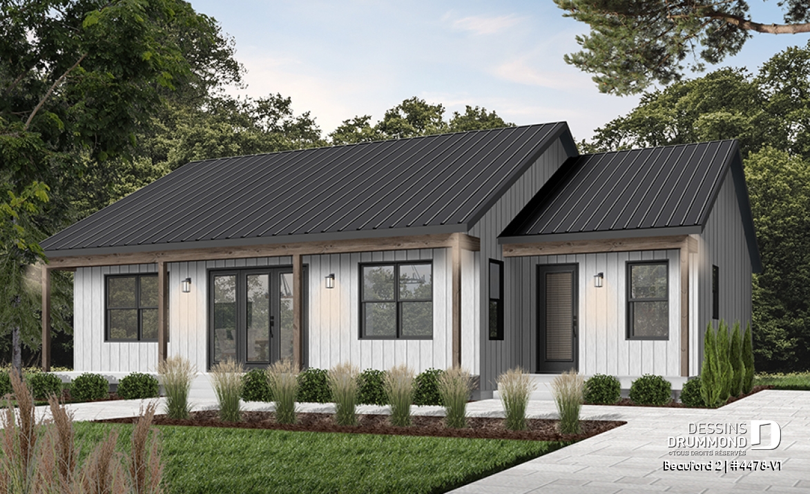 Vue avant - MODÈLE DE BASE - Plan de plain-pied style Farmhouse avec terrasse arrière couverte et foyer central - Beauford 2
