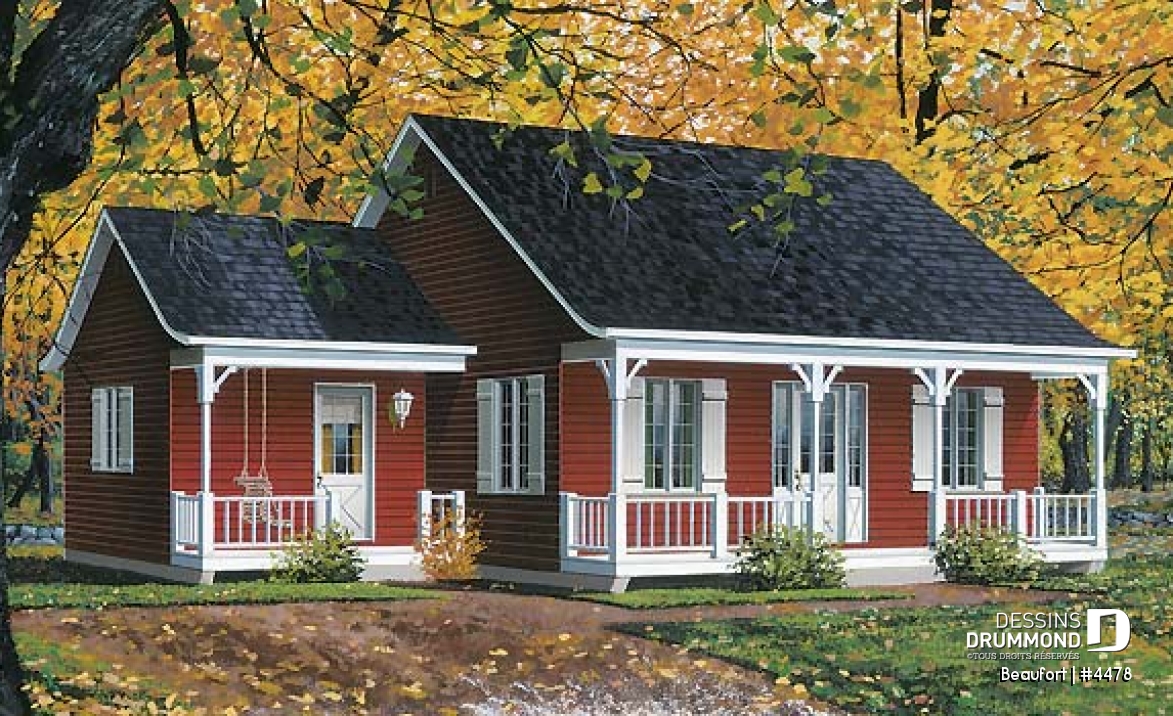 Vue avant - MODÈLE DE BASE - Plain-pied populaire style ranch, plan de maison avec 2 entrées, 2 chambres et galerie arbitrée - Beaufort
