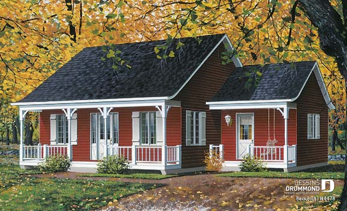 Vue avant - MODÈLE DE BASE - Plain-pied populaire style ranch, plan de maison avec 2 entrées, 2 chambres et galerie arbitrée - Beaufort