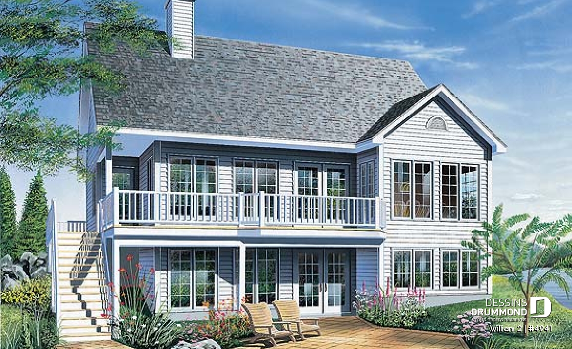 Vue arrière - MODÈLE DE BASE - Modèle de maison avec fenestration abondante, sous-sol en rez-de-jardin non-aménagé, 2 chambres, espace ouvert - William 2