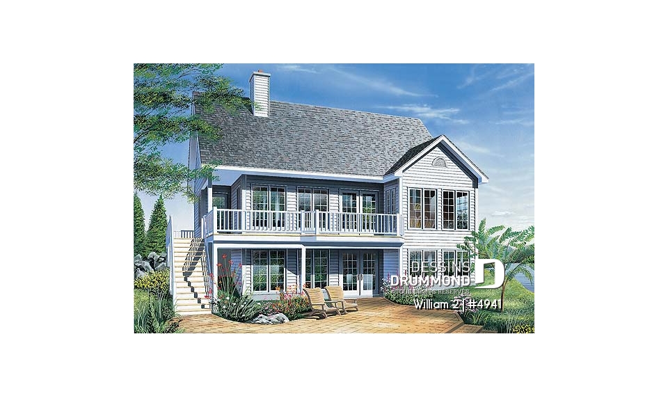 Vue arrière - MODÈLE DE BASE - Modèle de maison avec fenestration abondante, sous-sol en rez-de-jardin non-aménagé, 2 chambres, espace ouvert - William 2