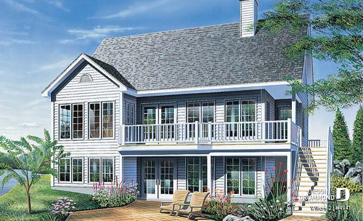 Vue arrière - MODÈLE DE BASE - Modèle de maison avec fenestration abondante, sous-sol en rez-de-jardin non-aménagé, 2 chambres, espace ouvert - William 2