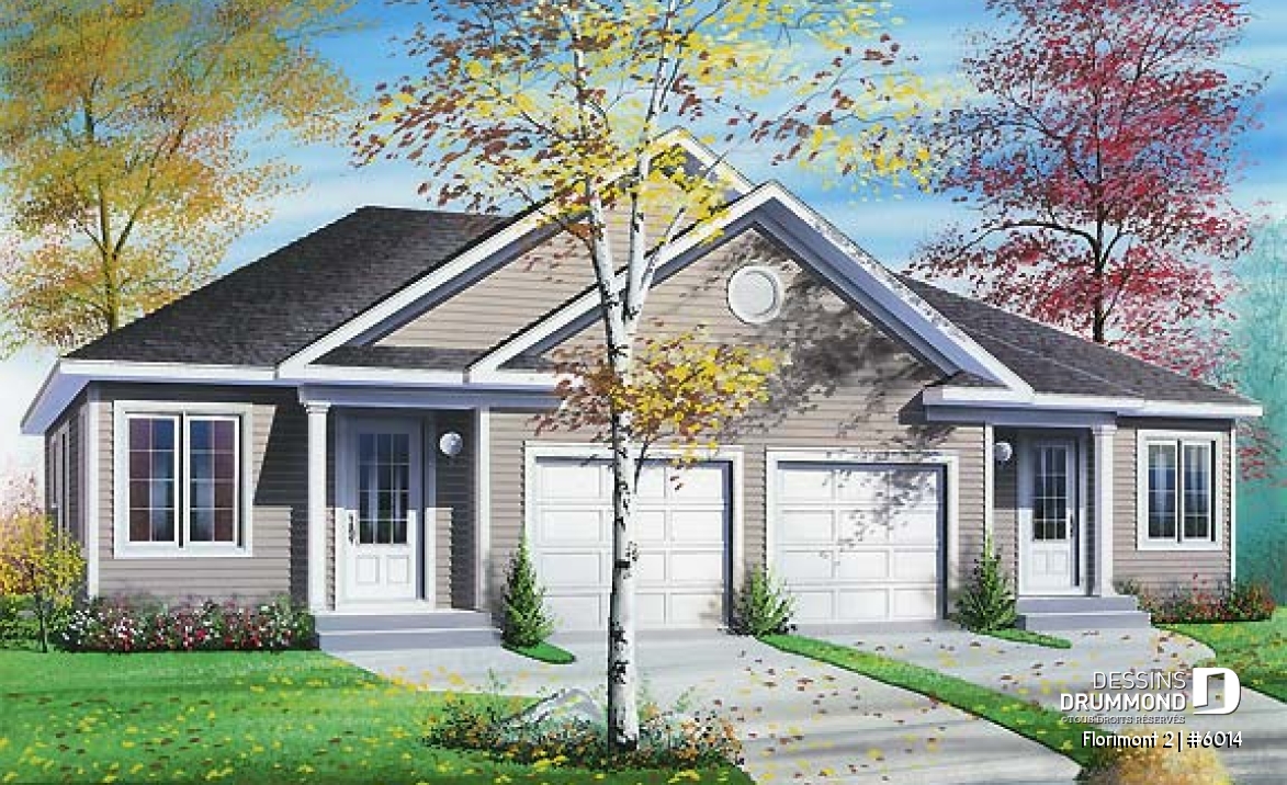 Vue avant - MODÈLE DE BASE - Plan de jumelé avec garage, 2 chambres et sous-sol à aménager (non-fini), construction abordable - Florimont 2