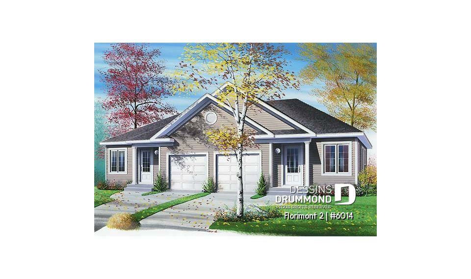 Vue avant - MODÈLE DE BASE - Plan de jumelé avec garage, 2 chambres et sous-sol à aménager (non-fini), construction abordable - Florimont 2