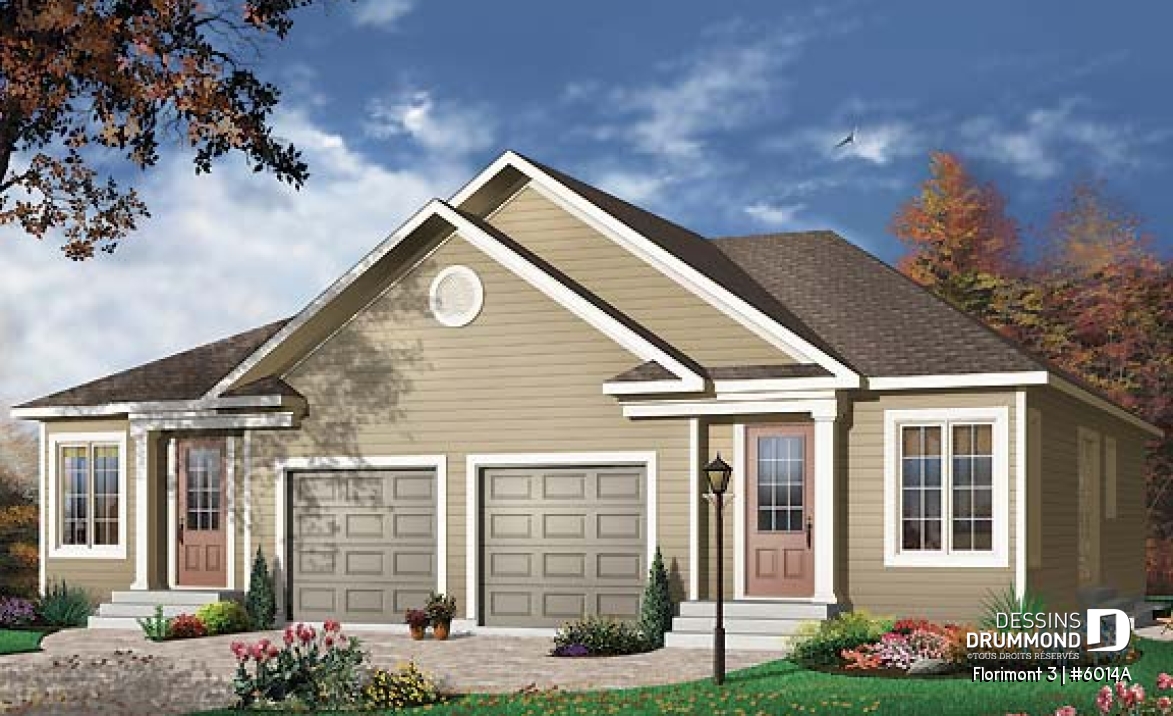 Vue avant - MODÈLE DE BASE - Plan de jumelé avec garage, 2 chambres et sous-sol à aménager (non-fini), construction abordable - Florimont 3