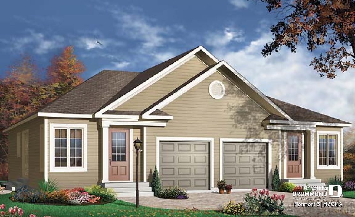 Vue avant - MODÈLE DE BASE - Plan de jumelé avec garage, 2 chambres et sous-sol à aménager (non-fini), construction abordable - Florimont 3