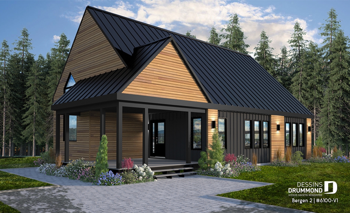 Vue avant - MODÈLE DE BASE - Plan de maison 2 chambres, plafond cathédral, grande terrasse abritée, Scandinave, sous-sol non fini - Bergen 2