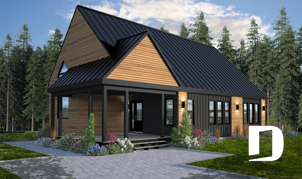 Vue avant - MODÈLE DE BASE - Plan de maison 2 chambres, plafond cathédral, grande terrasse abritée, Scandinave, sous-sol non fini - Bergen 2