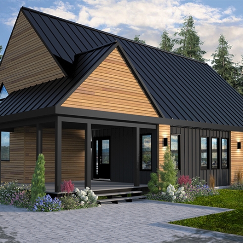 Vue avant - MODÈLE DE BASE - Plan de maison 2 chambres, plafond cathédral, grande terrasse abritée, Scandinave, sous-sol non fini - Bergen 2