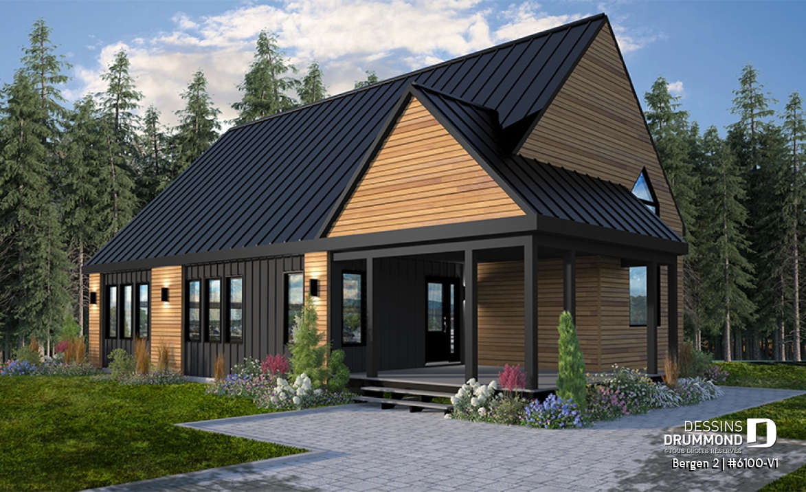 Vue avant - MODÈLE DE BASE - Plan de maison 2 chambres, plafond cathédral, grande terrasse abritée, Scandinave, sous-sol non fini - Bergen 2