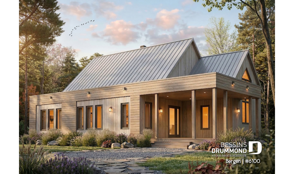 Version couleur no. 1 - Vue avant - Plan de plain-pied scandinave, plafond cathédral, buanderie au rez-de-chaussée, beaucoup de rangement - Bergen