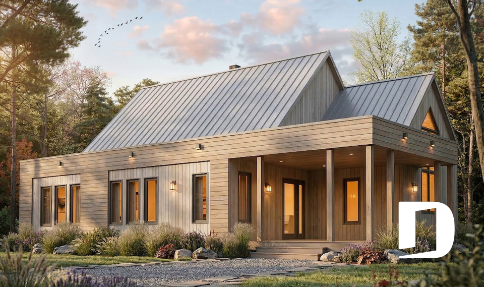 Version couleur no. 1 - Vue avant - Plan de plain-pied scandinave, plafond cathédral, buanderie au rez-de-chaussée, beaucoup de rangement - Bergen