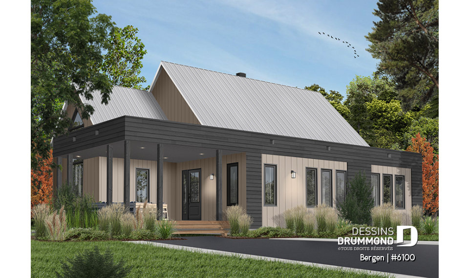 Version couleur no. 4 - Vue avant - Plan de plain-pied scandinave, plafond cathédral, buanderie au rez-de-chaussée, beaucoup de rangement - Bergen