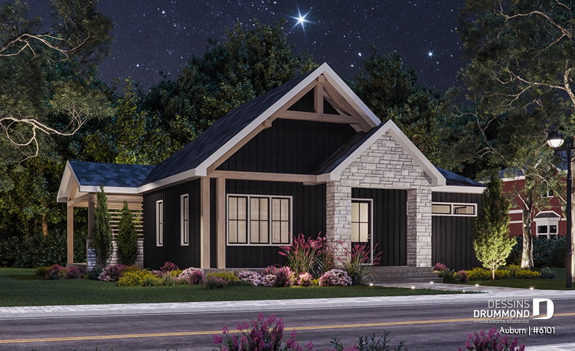 Vue avant - MODÈLE DE BASE - Plan de maison avec superbe terrasse abritée, foyer double face, 3 chambres avec sous-sol aménagé optionnel - Auburn