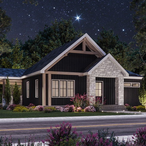 Vue avant - MODÈLE DE BASE - Plan de maison avec superbe terrasse abritée, foyer double face, 3 chambres avec sous-sol aménagé optionnel - Auburn