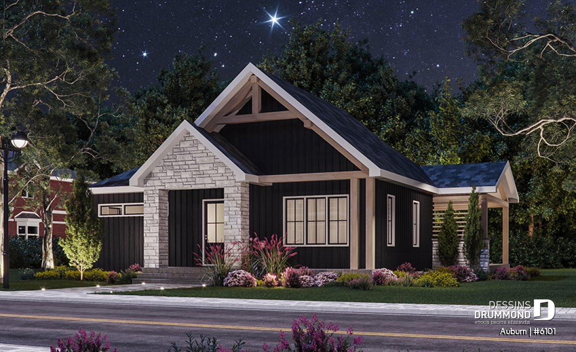 Vue avant - MODÈLE DE BASE - Plan de maison avec superbe terrasse abritée, foyer double face, 3 chambres avec sous-sol aménagé optionnel - Auburn