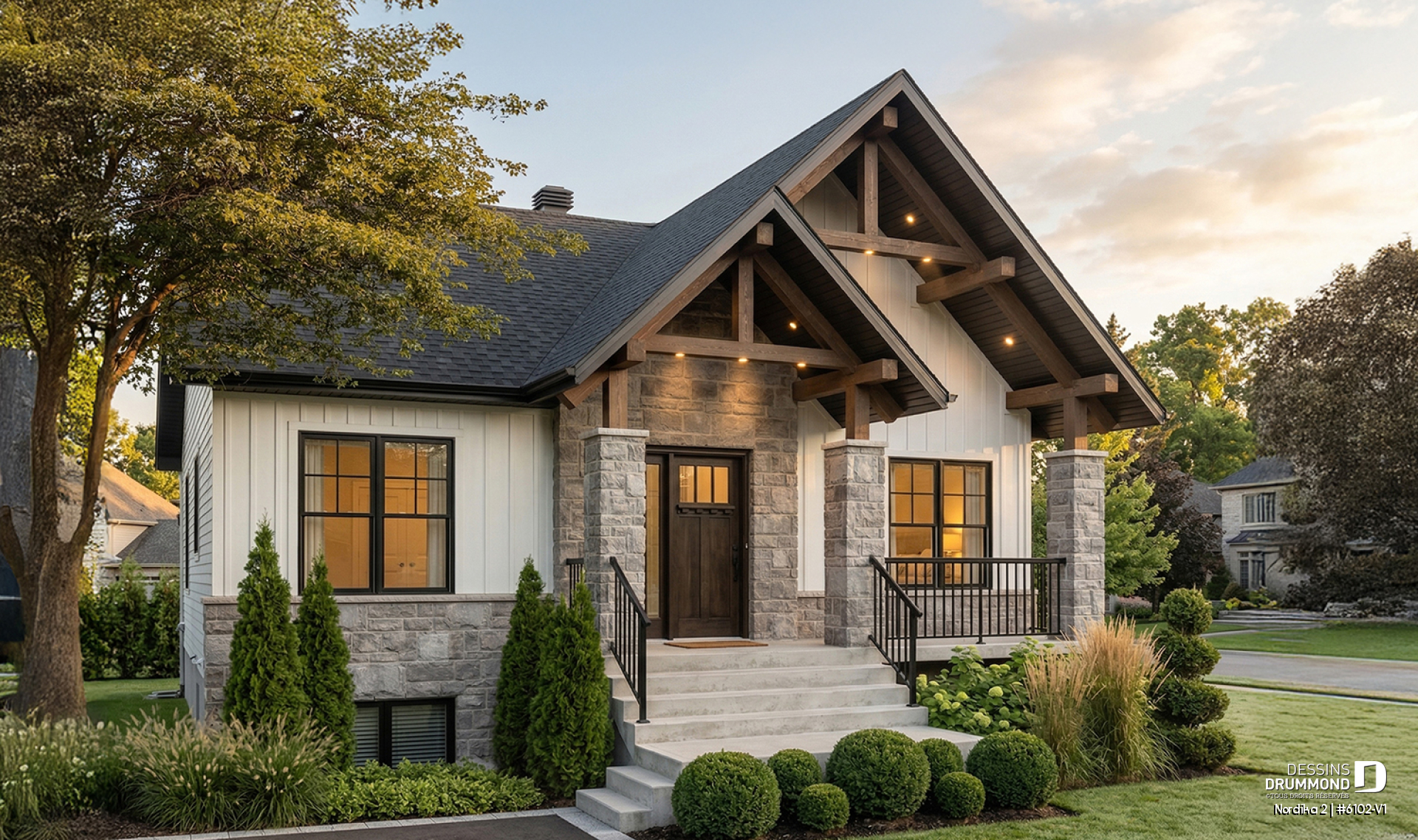 Vue avant - MODÈLE DE BASE - Plan de maison moderne rustique abordable avec 2 à 4 chambres et vaste aire ouverte lumineuse - Nordika 2