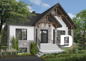 Vue avant - MODÈLE DE BASE - Plan de maison moderne rustique abordable avec 2 à 4 chambres et vaste aire ouverte lumineuse - Nordika 2