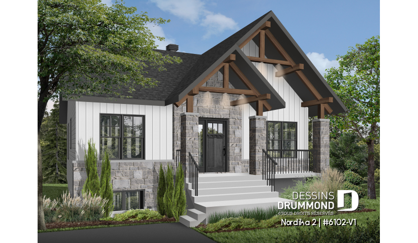 Vue avant - MODÈLE DE BASE - Plan petite maison 2 chambres, abordable, aire ouverte, grande cuisine avec îlot et garde-manger - Nordika 2