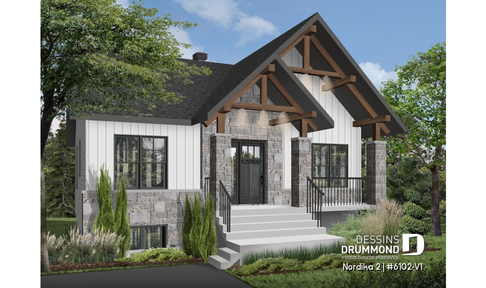 Vue avant - MODÈLE DE BASE - Plan de maison moderne rustique abordable avec 2 à 4 chambres et vaste aire ouverte lumineuse - Nordika 2