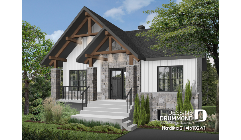 Vue avant - MODÈLE DE BASE - Plan petite maison 2 chambres, abordable, aire ouverte, grande cuisine avec îlot et garde-manger - Nordika 2