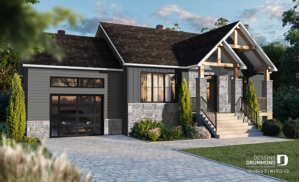 Vue avant - MODÈLE DE BASE - Plan de maison plain-pied 2 chambres au même niveau, garage, garde-manger, aire ouverte, superbe cuisine - Nordika 3