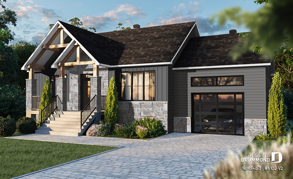 Vue avant - MODÈLE DE BASE - Plan de maison plain-pied 2 chambres au même niveau, garage, garde-manger, aire ouverte, superbe cuisine - Nordika 3