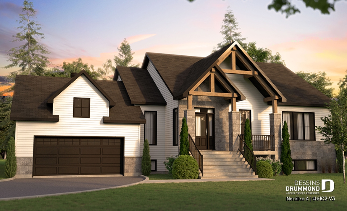 Vue avant - MODÈLE DE BASE - Plan de maison nordique Craftsman 3 chambres sur un étage – espace idéal pour famille - Nordika 4
