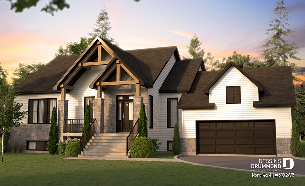 Vue avant - MODÈLE DE BASE - Plan de maison nordique Craftsman 3 chambres sur un étage – espace idéal pour famille - Nordika 4