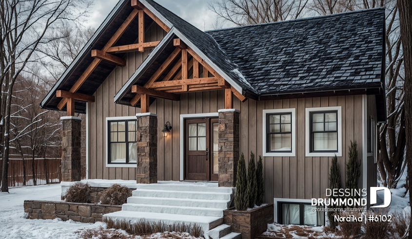 Vue avant - MODÈLE DE BASE - Plan petit bungalow abordable, 1 à 3 chambres, 1-2 sdb, chute à linge, sous-sol aménagé optionnel ($) - Nordika