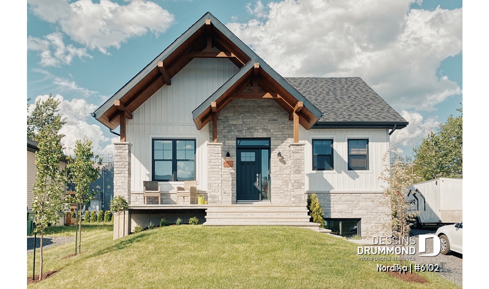 Vue avant - MODÈLE DE BASE - Modèle NORDIKA (6102) : bungalow farmhouse moderne avec 1 à 3 chambres et sous-sol optionnel - Nordika