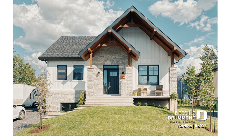 Vue avant - MODÈLE DE BASE - Modèle NORDIKA (6102) : bungalow farmhouse moderne avec 1 à 3 chambres et sous-sol optionnel - Nordika