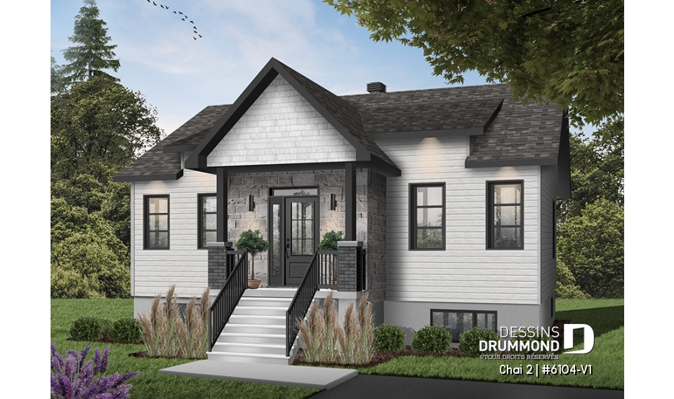 Version couleur no. 1 - Vue avant - Plan de plain-pied 2 chambres, économique, cuisine avec grand garde-manger, 2 garde-robes à l'entrée - Chai 2