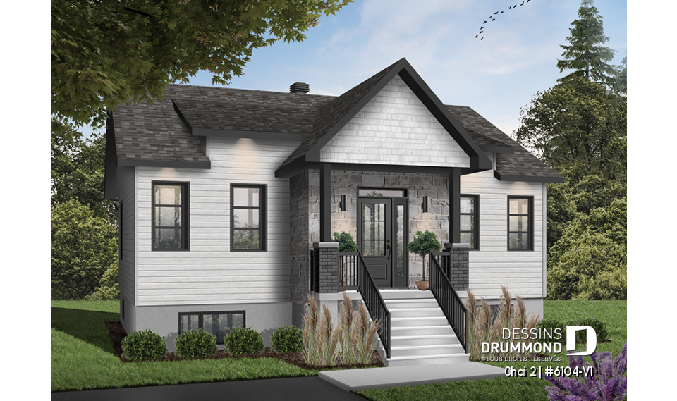 Version couleur no. 1 - Vue avant - Plan de plain-pied 2 chambres, économique, cuisine avec grand garde-manger, 2 garde-robes à l'entrée - Chai 2